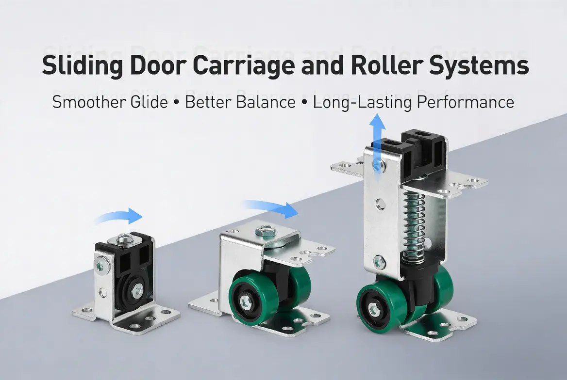 Various sliding door carriage and roller systems with wheels for better balance, smooth movement, and long-lasting performance